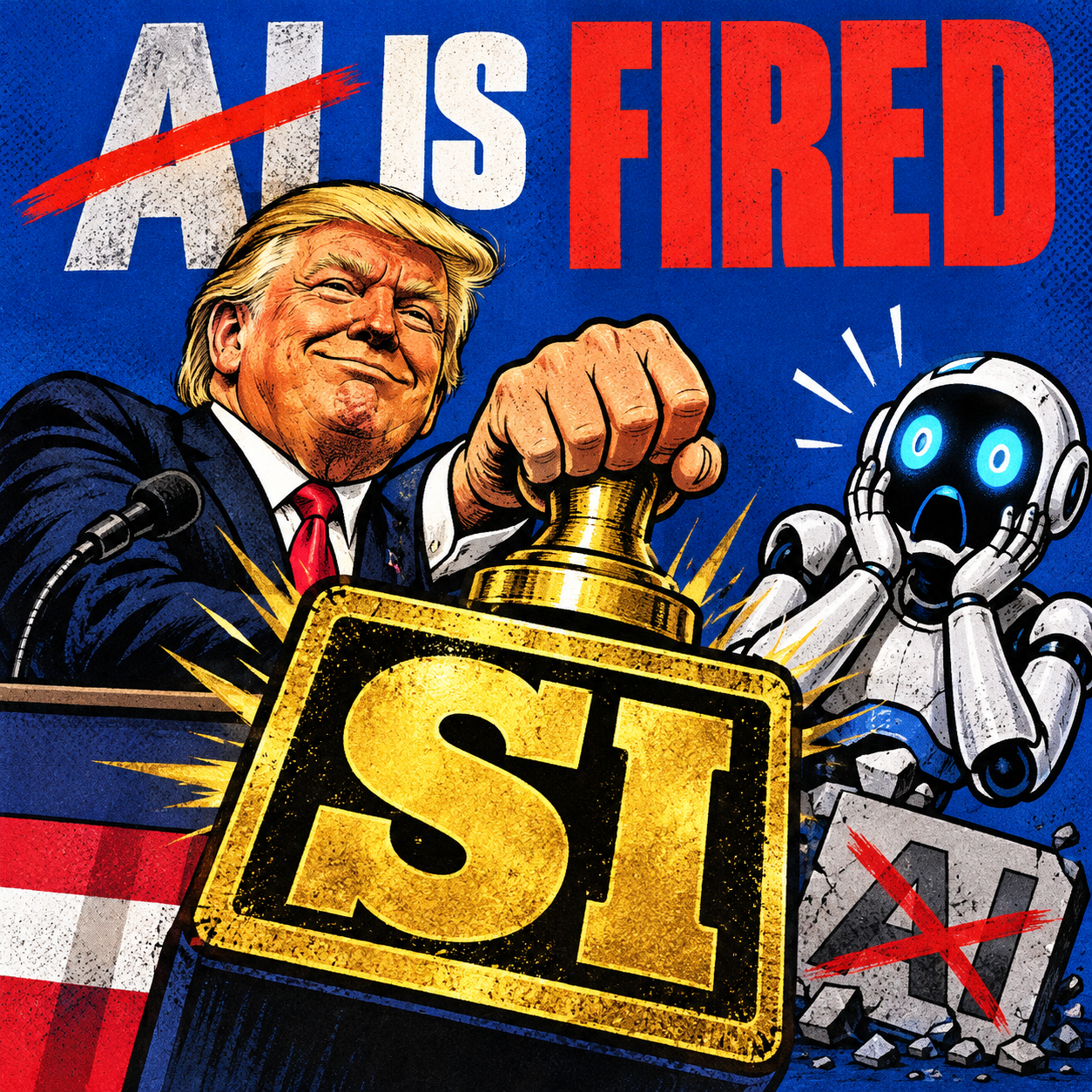 AI is fired; SI takes over, illustrated political-tech meme